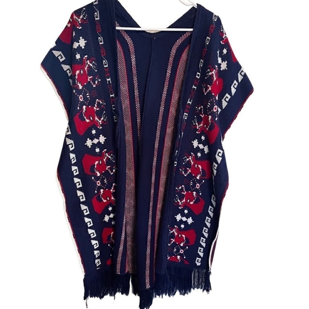 Knit Poncho Open Front Shawl Native American Cape Fringe Blue Red White 70s